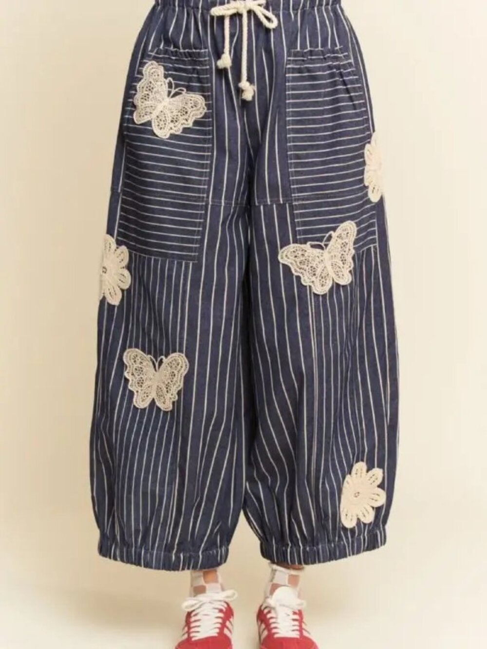 LIGHTWEIGHT Soft Denim Strip Wide Barrel Pants-Ink Blue